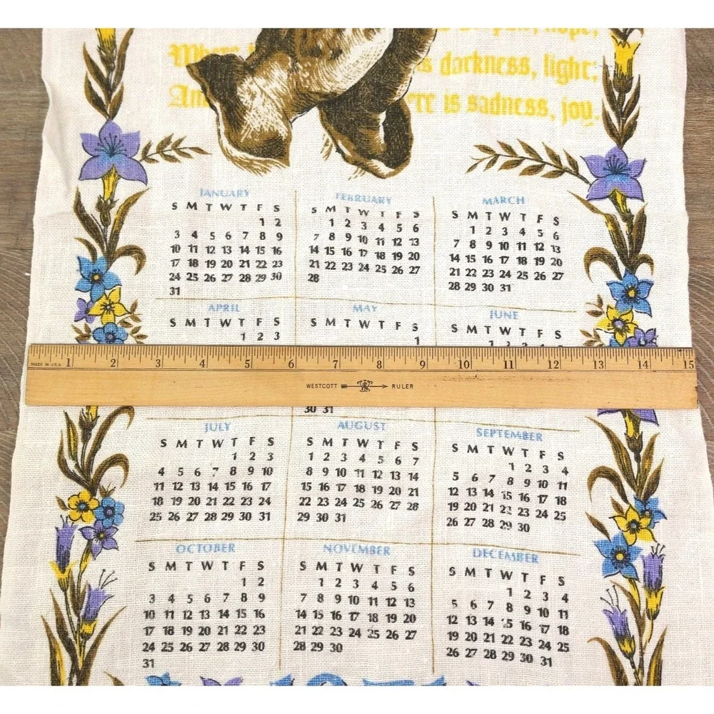 Vintage 1971 Floral and Prayer ‎ of St. Francis Linen Tea Towel Calendar VGC